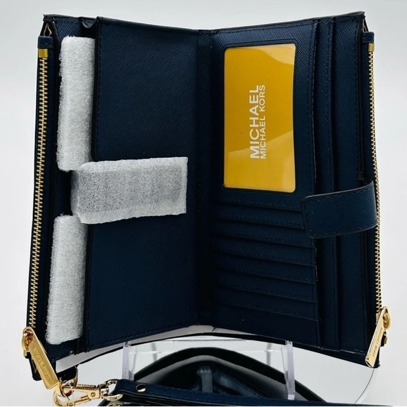 Michael Kors Large Double Zip Wallet Wristlet Navy Blue/Gold - Picture 6 of 7
